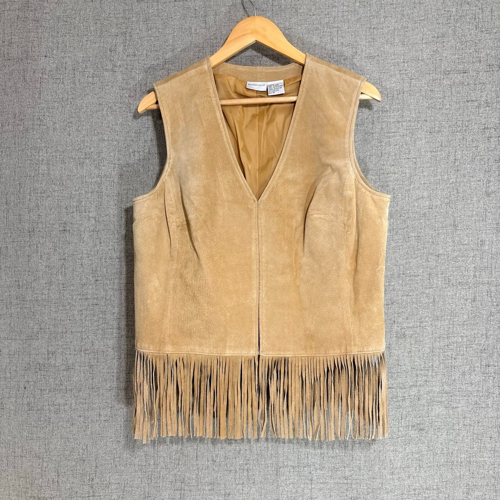Newport News Women Vest 14 Tan Suede Leather Fringe Western Boho